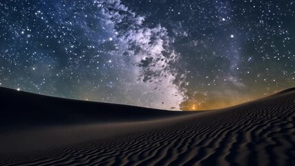 Aufkleber - The vast expanse of sand dunes under a starry sky is illuminated by the glowing milky way galaxy, creating a serene and peaceful evening scene in the desert