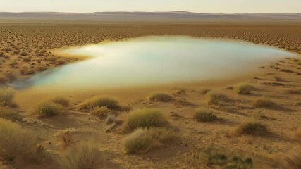Poster - Tranquil oasis in a vast desert, reflecting sky colors in a serene lake amidst arid surroundings, offering solitude and calmness