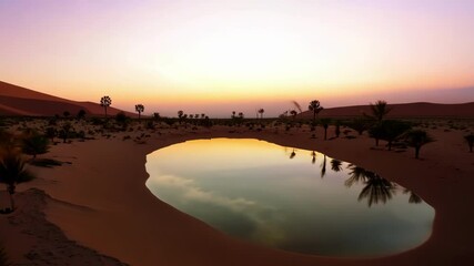 Poster - Palm trees reflected in oasis at sunset, casting long shadows in desert landscape. Golden hour creates serene atmosphere, highlighting nature's beauty