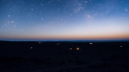 Poster - The desert night glows with camping lights under a starry sky, creating a peaceful backdrop for travel adventures