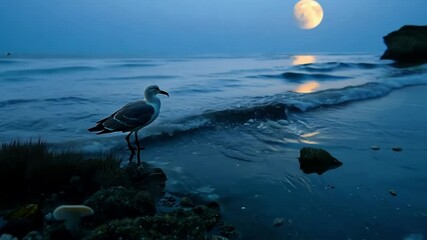 Aufkleber - Majestic seagull stands gracefully by the ocean at dusk, with the moon rising over the water, creating a serene atmosphere