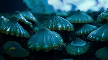 Aufkleber - Pale green bioluminescent mushrooms glow in a dark forest, creating a magical atmosphere