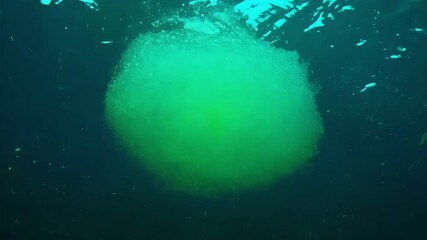 Aufkleber - Bright green ball floats underwater, releasing bubbles, creating a vibrant and mysterious scene. The ball's color stands out against the sea backdrop, giving it a glowing appearance