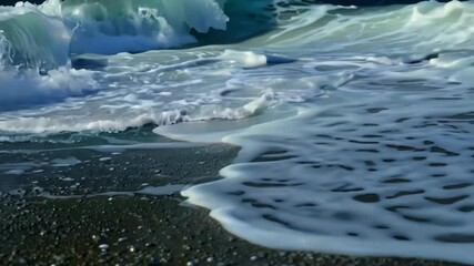 Poster - Powerful ocean wave with white sea foam is breaking on a sandy shore creating a beautiful natural background with copy space