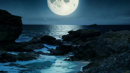 Aufkleber - The ocean flows peacefully around rocks at night, with the full moon reflecting on the water, creating a serene and tranquil scene