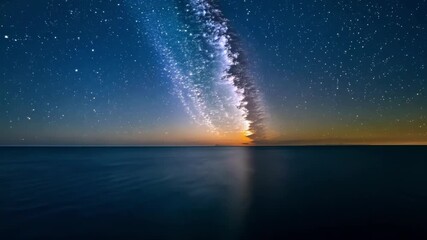 Poster - The milky way galaxy reflecting on calm ocean water, with stars twinkling in the night sky, creates a serene scene perfect for travel or relaxation