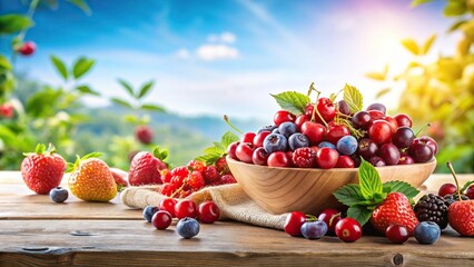 Wall Mural - Vibrant display of assorted summer berries and cherries against a white background