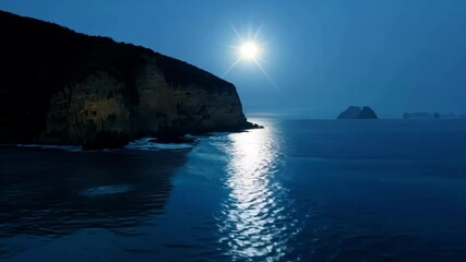 Poster - Moonlight reflects on calm ocean, islands on horizon, rugged cliff. Night sky deep blue, clouds drifting lazily, waves gently lapping shore