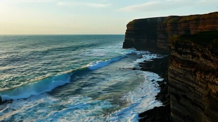 Poster - Ocean waves crashing against a rocky coastline, creating a dramatic and beautiful scene at sunset. The sky is a soft blue and pink, and the water is a deep blue