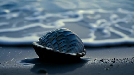 Poster - Serene beach scene at twilight with a seashell on damp sand, ocean waves receding in the distance, capturing nature's beauty and inviting relaxation