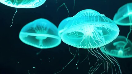 Poster - Group of bioluminescent jellyfish are swimming in dark water, their ethereal glow illuminating the surrounding darkness