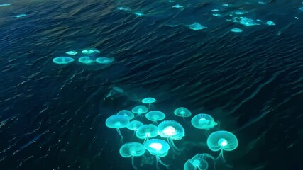 Aufkleber - Bioluminescent jellyfish are lighting up the ocean water with their bright turquoise color, creating a magical underwater scene