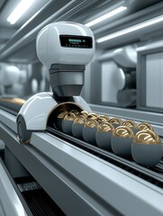 Futuristic automation on a manufacturing production line with conveyors, vision systems and some kind of new gizmo products