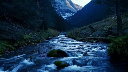 Aufkleber - Cold blue wild river is flowing through a shadowy valley, surrounded by trees and rocks with a snow capped mountain in the background