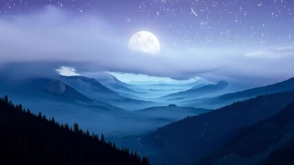 Aufkleber - Moon shining above misty mountains and hills, casting magical glow over serene landscape. Clouds and fog fill night sky, creating tranquil atmosphere. Breathtaking panoramic view for nature lovers