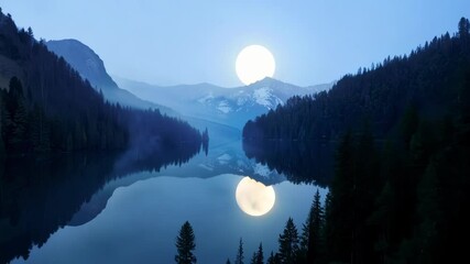 Aufkleber - Bright full moon is illuminating the snow capped peaks of a mountain range and coniferous forests, creating a mirror like reflection on the surface of a tranquil lake at night