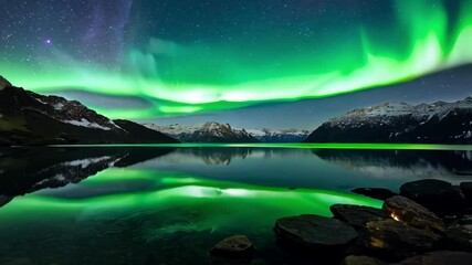 Aufkleber - Vibrant green northern lights dance in starry night sky, reflecting in alpine lake, with majestic mountains in background. Must see for astronomy and nature lovers