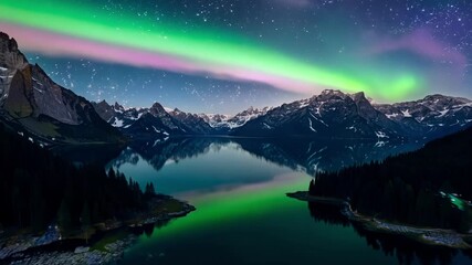 Poster - Mesmerizing aurora borealis dances above a mountain, reflecting in a tranquil lake. Serene wilderness adds magic to this vibrant panorama