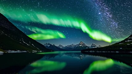 Poster - The vibrant northern lights dance gracefully above a mountain range, reflecting in a tranquil lake. The scene is magical, with a dark forest adding to the serene beauty
