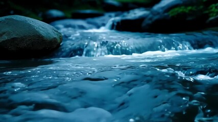 Aufkleber - The river flows over rocks in a lush forest, creating mesmerizing rapids and bubbles. The landscape blends blues and greens, embodying nature's serene beauty