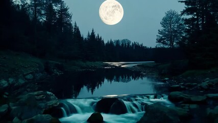 Aufkleber - Mystical forest with a full moon reflecting on a river, dark trees, and starry sky creates a serene and magical outdoor scene