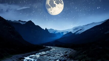 Aufkleber - Mountain river flows gently over smooth rocks under the full moon, surrounded by misty mountains and a starry sky