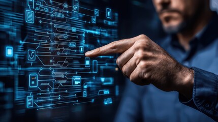 Poster - A businessman interacting with digital data interface, showcasing modern technology and innovation.