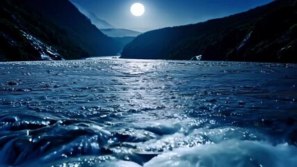 Aufkleber - Mountain river flowing over rocks in a mountain valley under the light of a full moon. The moon is reflected in the water
