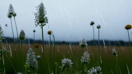 Poster - Wildflowers bloom in a summer rain shower, raindrops glistening on delicate petals in a lush field under an overcast sky