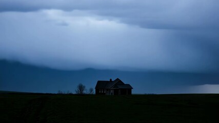 Wall Mural - lone house is silhouetted against a dark, stormy sky, conveying a sense of isolation and impending w