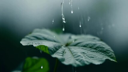 Poster - Water dripping on a green leaf, forming glistening droplets during a refreshing rain shower in nature, capturing the plant's purity and freshness in spring or summer