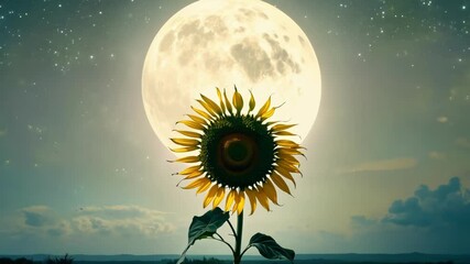 Aufkleber - Sunflower stands tall under the full moon. Creating a serene atmosphere with stars in the night sky. The yellow blossom shines brightly. Offering inspiration and hope in the peaceful summer evening