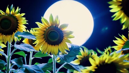 Poster - Blooming sunflowers under a full moon create a serene, magical scene evoking wonder in nature's beauty. Close up view offers hope in peaceful night