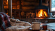 © Lias - A cozy fireplace inside a rustic mountain lodge with soft blankets and hot cocoa on the side.