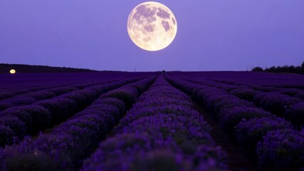 Aufkleber - Serene lavender field under a full moon, blooming flowers fill the air with peace and tranquility in this enchanting  landscape