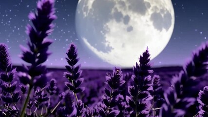 Aufkleber - Lavender flowers bloom under a full moon in a starry night, creating a romantic scene with soothing aroma. Enjoy nature's vibrant colors in this tranquil landscape