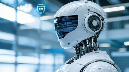 Poster - A futuristic robot with a sleek design and digital interface, representing advanced artificial intelligence in a modern setting.