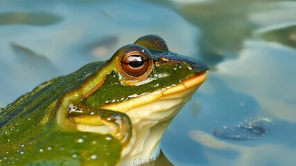 Poster - Curious green frog emerges from the water, its large, golden eyes reflecting the surrounding environment. Its smooth, moist skin glistens in the sunlight