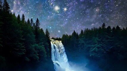 Poster - Powerful waterfall is cascading down a steep cliffside surrounded by lush green forest under a breathtaking starry night sky
