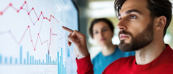 Poster - A man analyzing data on a touchscreen monitor, showcasing dynamic graphs and statistics in a modern office setting.