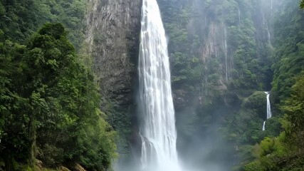 Aufkleber - Powerful waterfall is cascading down a steep cliff covered with lush green vegetation in a tropical rainforest. The water is crashing into the pool below creating a misty spray