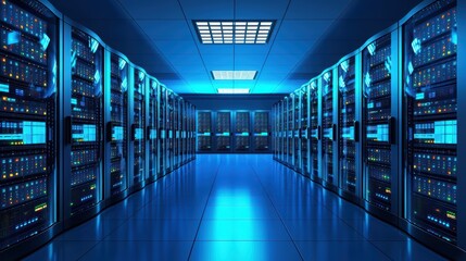 Poster - A modern data center with rows of server racks illuminated by cool blue lights.
