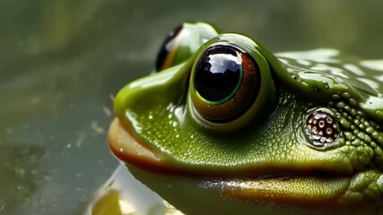 Poster - Green tree frog is partially submerged in water, its vibrant green skin and striking eye reflecting the surrounding environment