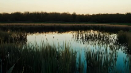 Poster - The sun sets, casting golden rays on a calm lake surrounded by lush reeds and a dense forest, creating a peaceful scene with vibrant colors during twilight