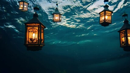 Aufkleber - Captivating image of antique lanterns illuminating the depths with a warm glow, creating a mesmerizing underwater spectacle