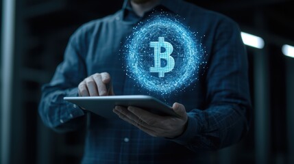 Poster - A person using a tablet with a holographic Bitcoin symbol, representing digital currency and technology in finance.