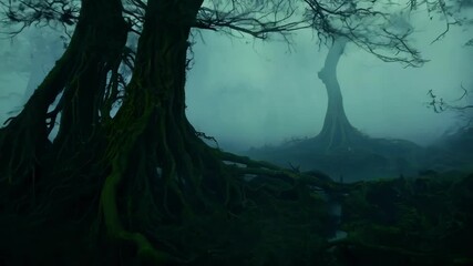 Aufkleber - Tall trees rise from the water in a spooky swamp, roots stretching out. Dark, foggy atmosphere adds to eerie feel. Green forest contrasts with light, creating a creepy scene