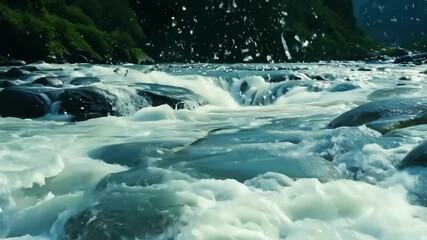 Poster - The fast river rushes over rocks, splashing white water. Surrounded by lush green trees, it's a powerful scene full of energy. Rapids create foam and bubbles in a clean, fresh environment