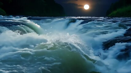 Poster - Water cascading over rocky waterfall under bright full moon, creating white foam and mist in dark night, showcasing power and beauty of nature in wilderness