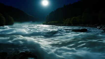 Poster - Moon shining over rushing mountain river, casting magical glow on landscape, illuminating dark night sky, creating serene atmosphere